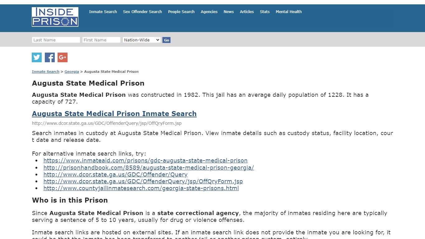 Augusta State Medical Prison - Georgia - Inmate Search